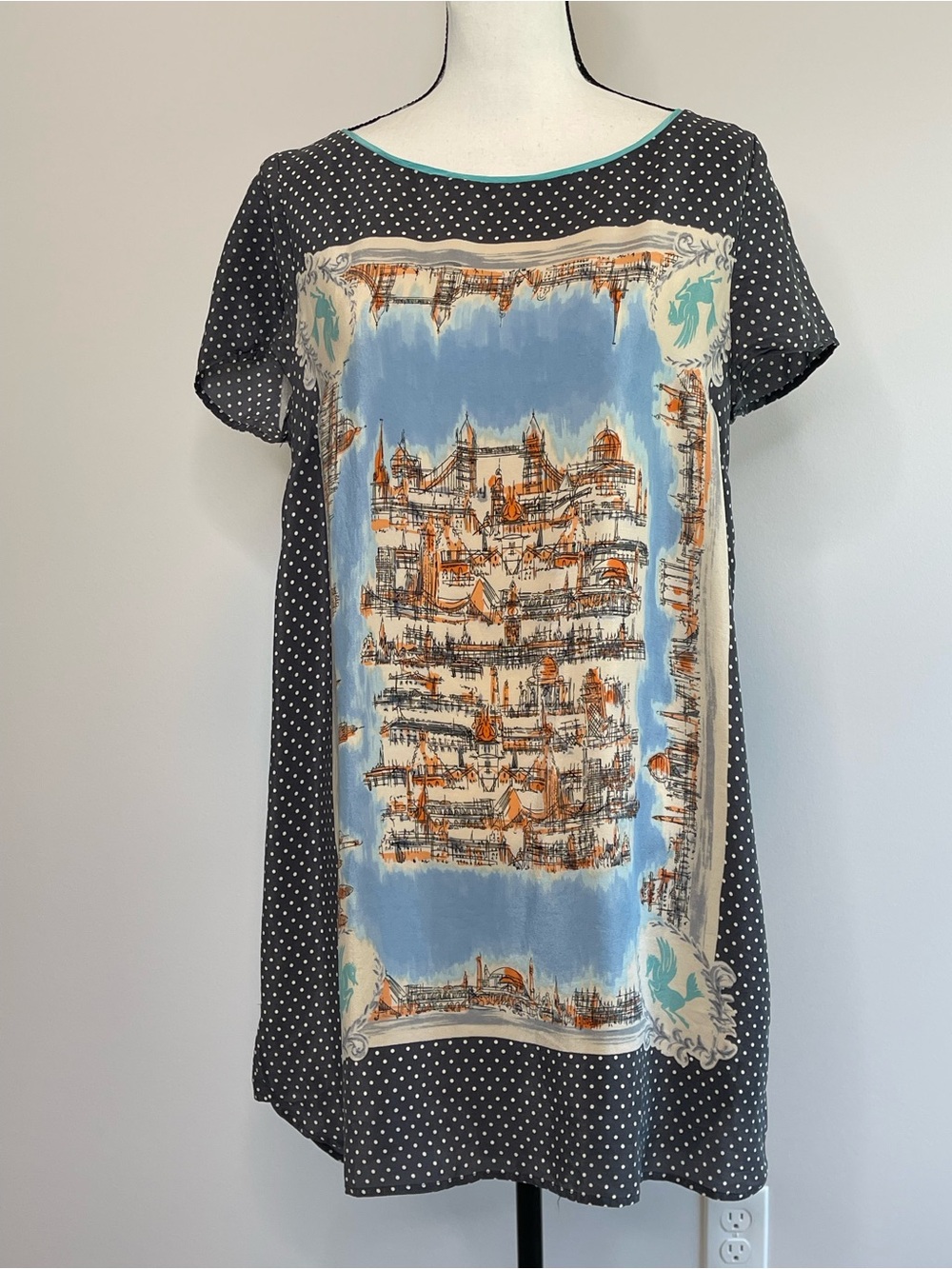 Anthropologie Maeve silk dress cityscape sketch book polka dots size Large P